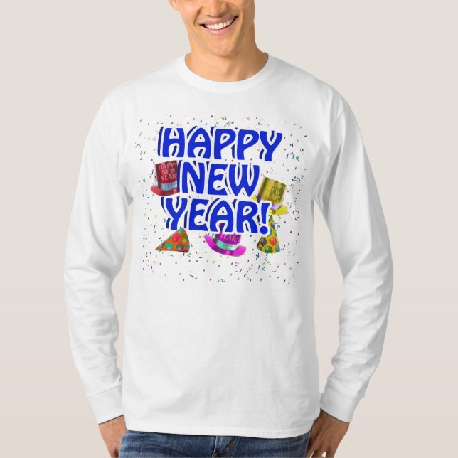 Happy New Year - Blue Text with Party Hats T-Shirt (Front)