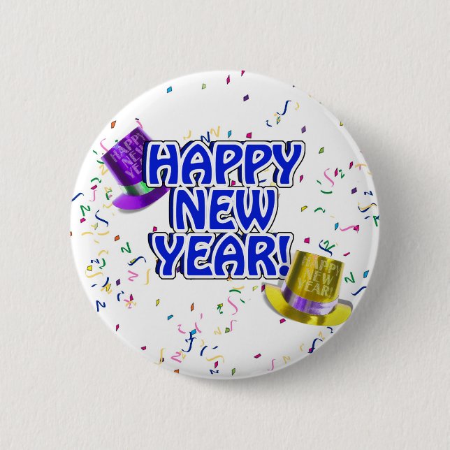Happy New Year Blue & White Text 6 Cm Round Badge (Front)