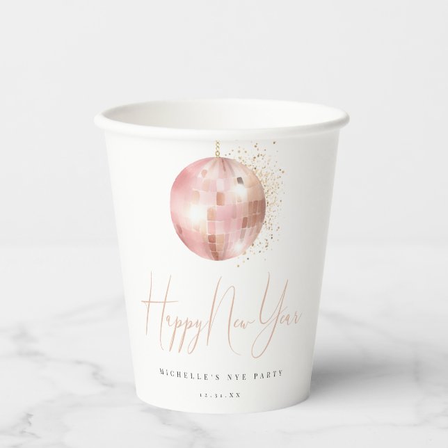 Happy New Year Blush Pink Rose Gold Disco Ball Paper Cups (Front)