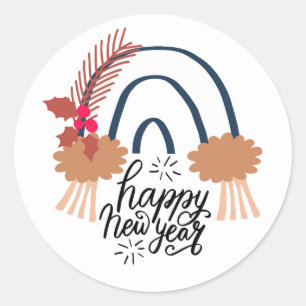 Happy New Year Boho Rainbow Classic Round Sticker