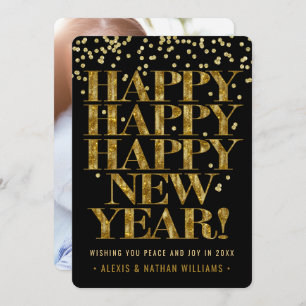 Happy New Year   Bold Gold Confetti 1 Photo Holiday Card