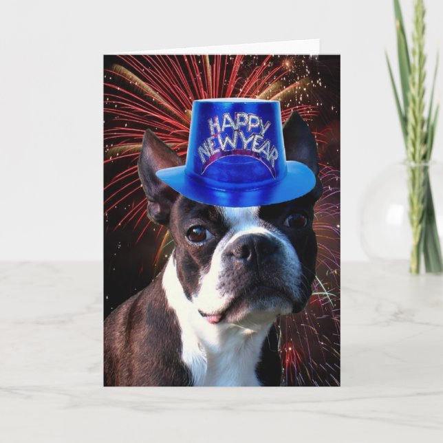 Happy New Year Boston terrier greeting card (Front)