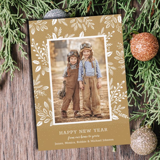 Happy New Year Botanicals on Gold Photo Holiday Card (Happy New Year botanicals on gold photo cards - Order INSTANT DOWNLOAD and/or PRINTED or both!)