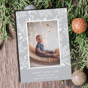 Happy New Year Botanicals on Grey Photo Holiday Card