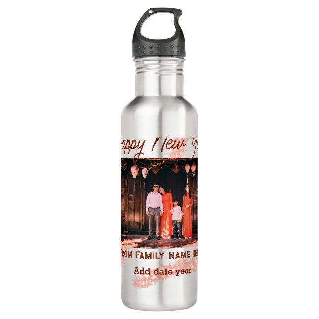 Happy new year brown add photo family name glitter 710 ml water bottle (Front)