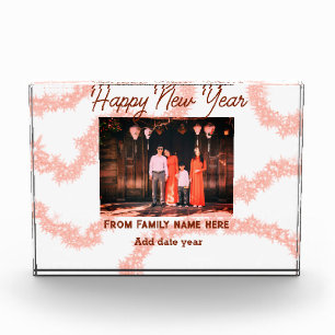Happy new year brown add photo family name glitter block