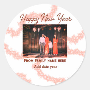 Happy new year brown add photo family name glitter classic round sticker