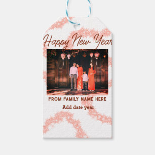 Happy new year brown add photo family name glitter gift tags