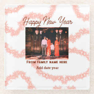 Happy new year brown add photo family name glitter glass coaster