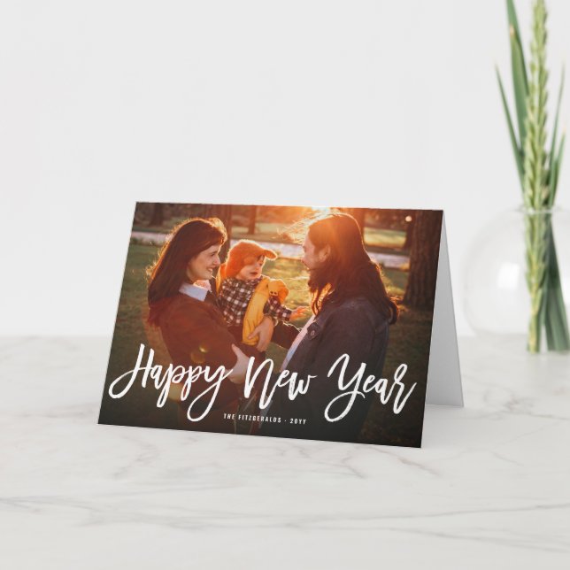 Happy New Year Brush Script Calligraphy Photo Holiday Card (Front)