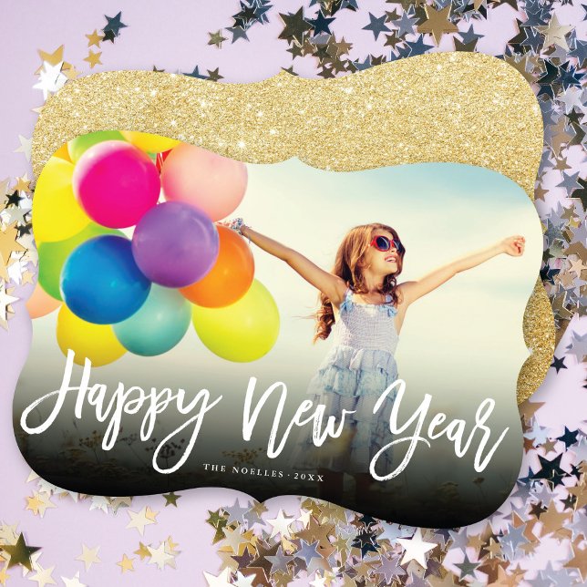 Happy New Year Brush Script Calligraphy Photo Holiday Card (Creator Uploaded)