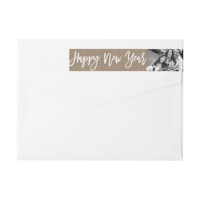 Happy New Year Brush Script Photo Holiday Address Wrap Around Label (Back)