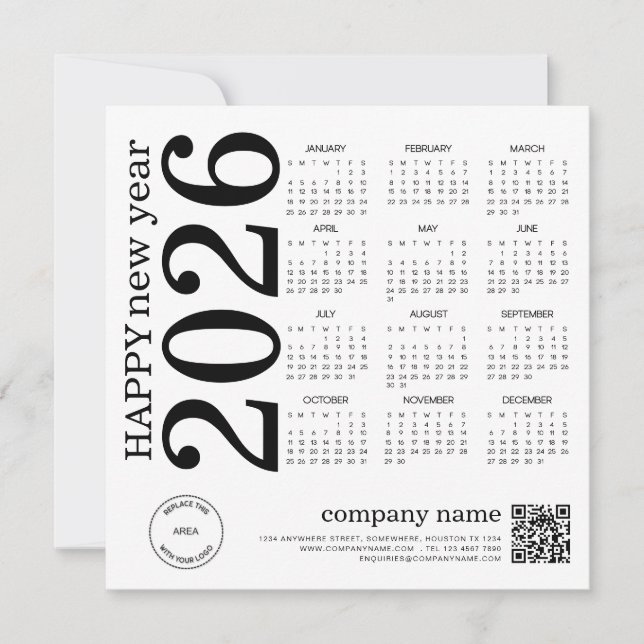 Happy New Year Business 2026 calendar Logo QR Code Holiday Card (Front)