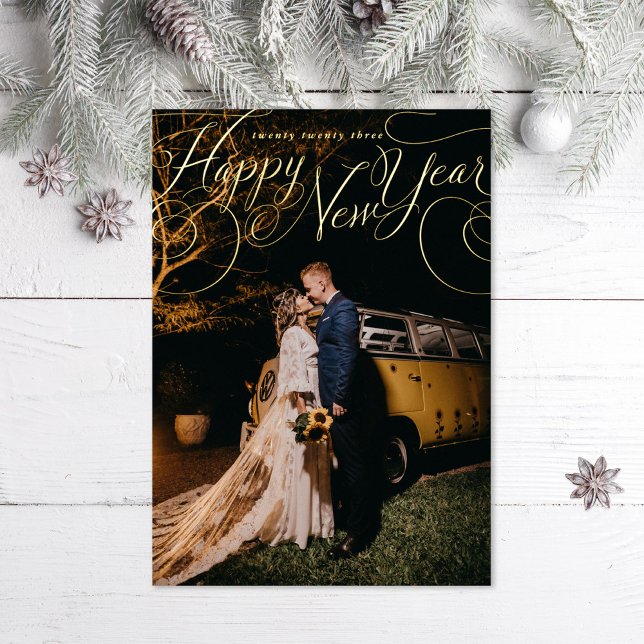 Happy New Year Calligraphy Holiday Photo Foil Card (Creator Uploaded)