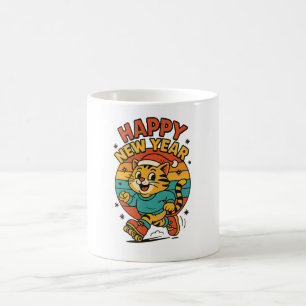 Happy New Year Cat - Cute 80s Cartoon Skating   Coffee Mug