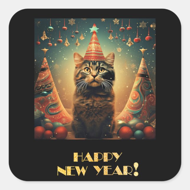 Happy New Year, Cat Design, Square Sticker (Front)