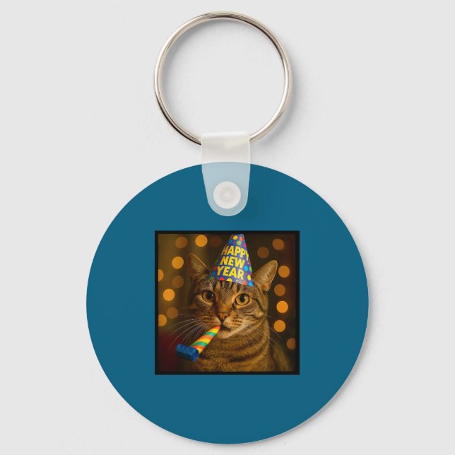 Happy New Year Cat Funny Party Hat Feline Meme Cel Key Ring (Front)