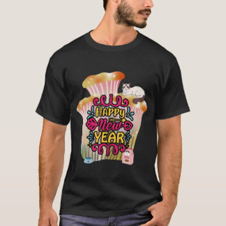 Happy New Year Cat on Shiny Mushroom T-Shirt