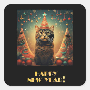 Happy New Year Cat Square Sticker