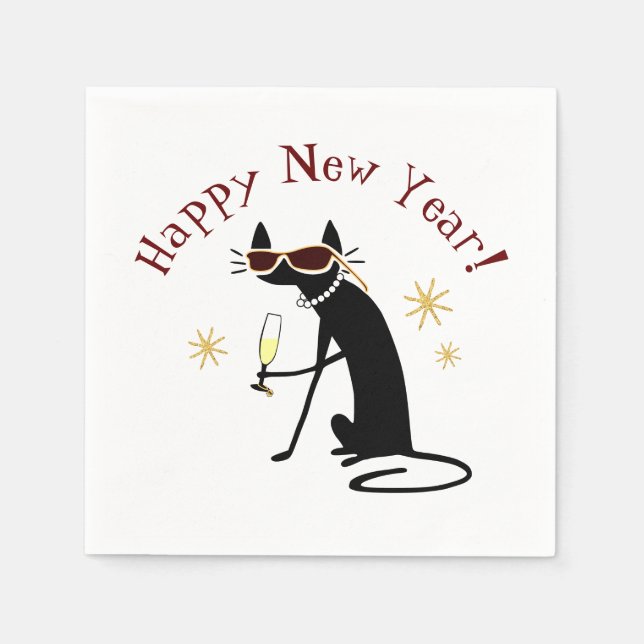Happy New Year Cat with Champagne Napkin (Front)