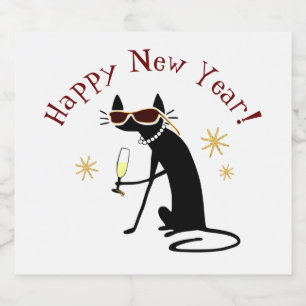 Happy New Year Cat with Champagne Sparkling Wine Label