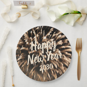 Happy New Year Celebration Firework Gold Photo Paper Plate