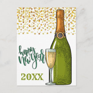 Happy New Year Champagne and Gold Stars Postcard
