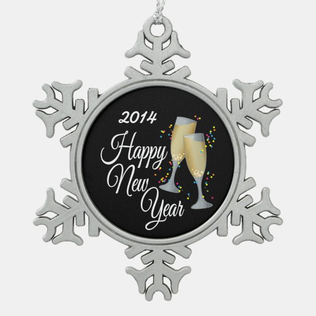 Happy New Year, Champagne & Confetti Snowflake Pewter Christmas Ornament (Front)