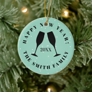 Happy New Year champagne flute cheers custom Ceramic Tree Decoration