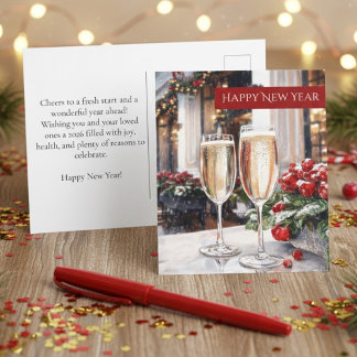 Happy New Year Champagne & Red Berries Holiday Postcard