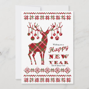 Happy New Year Checkered Reindeer Holiday Card