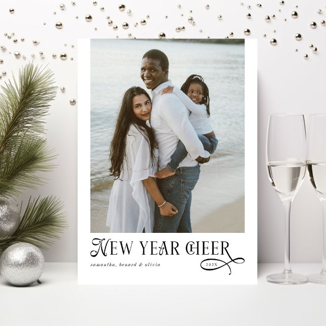 Happy New Year Cheer Modern Family 4 Photo Collage Holiday Card (Creator Uploaded)