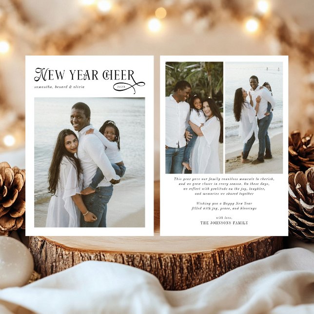 Happy New Year Cheer Modern Family 4 Photo Collage Holiday Card (Creator Uploaded)