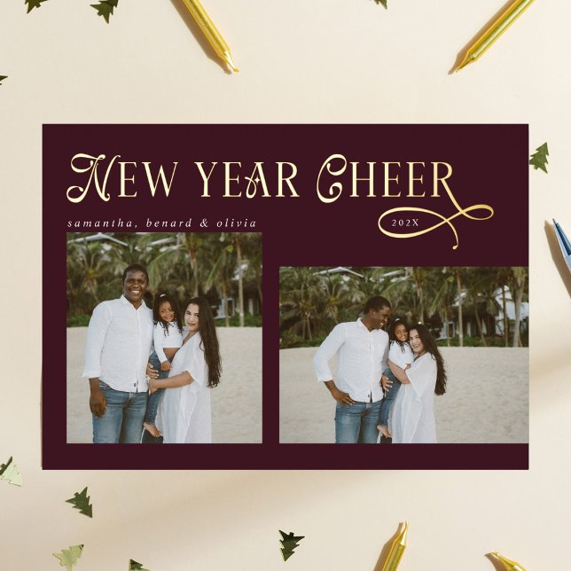 Happy New Year Cheer Modern Family Photo Burgundy (Creator Uploaded)