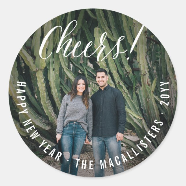 Happy New Year Cheers Script Simple Photo Holiday Classic Round Sticker (Front)