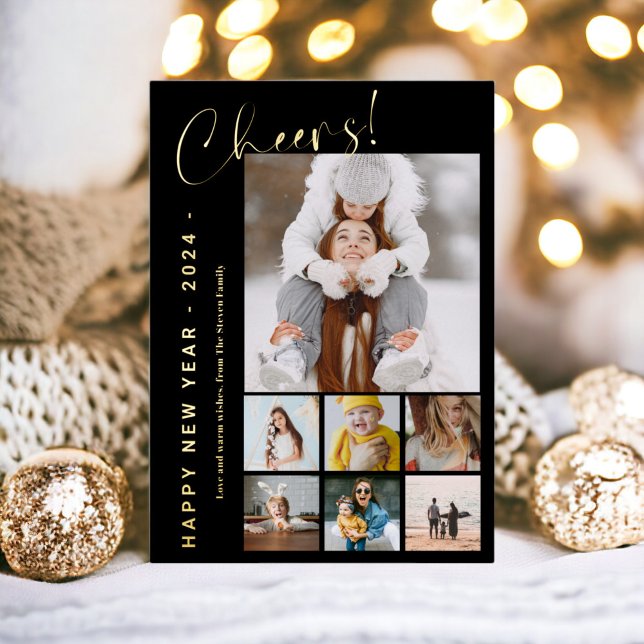 Happy New Year cheers year in review 9 photo black (Happy New Year cheers year in review 9 photo black Foil Holiday Card)