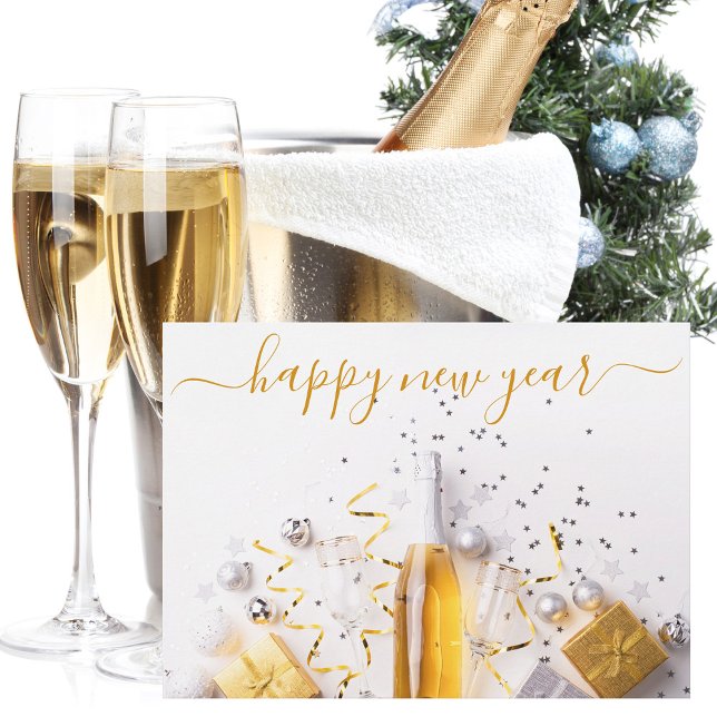 Happy New Year Chic Gold Champagne Streamers Holiday Card (Creator Uploaded)