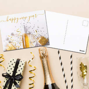 Happy New Year Chic Gold Champagne Streamers Postcard