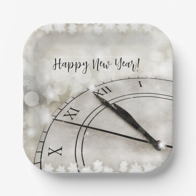 Happy New Year Clock at Midnight Paper Plate (Front)