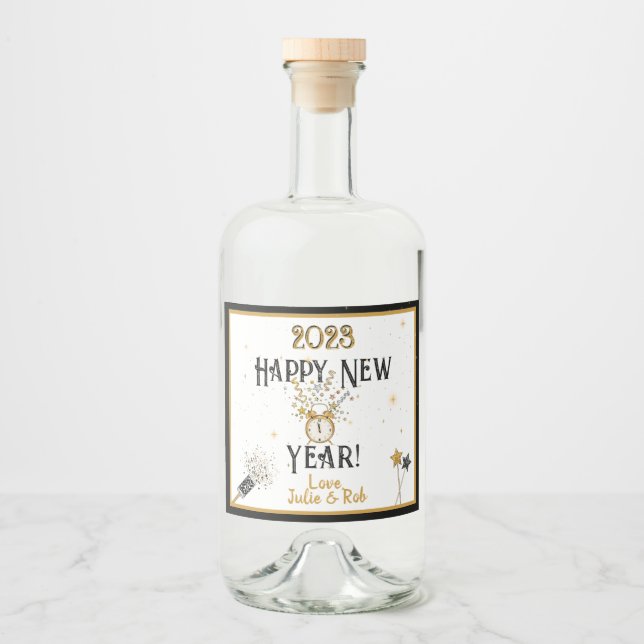Happy New Year Clock, Hat, Confetti, Custom Champa Liquor Bottle Label (Front)