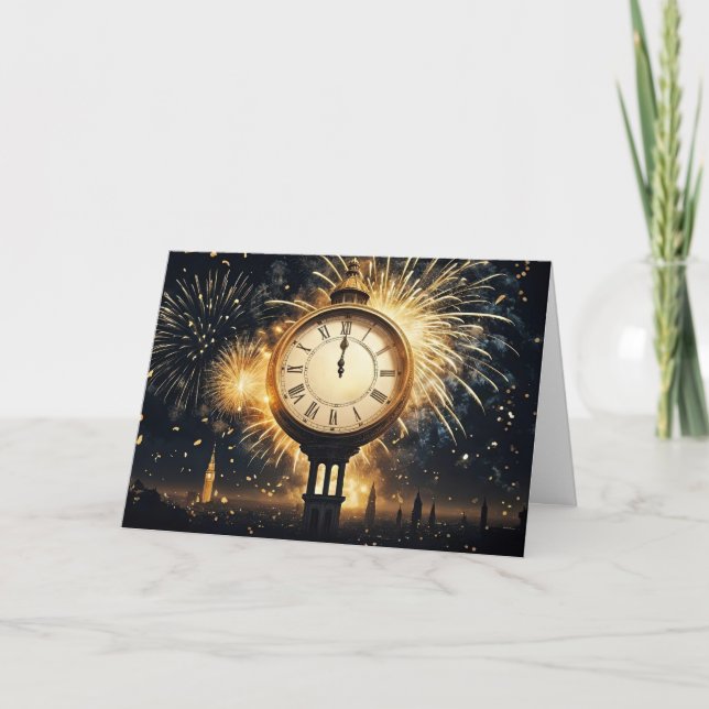Happy New Year Clock on Midnight with Fireworks Holiday Card (Front)