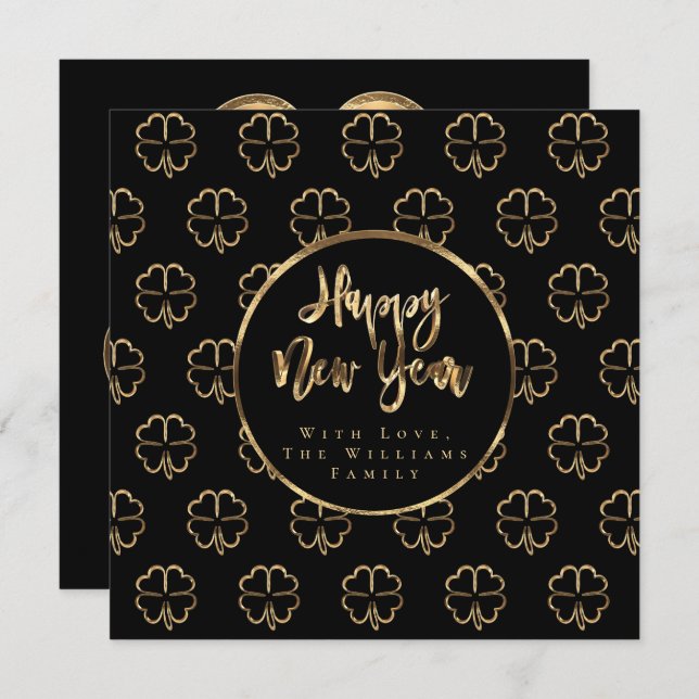 Happy New Year Clover Elegant Black and Gold Chic Holiday Card (Front/Back)