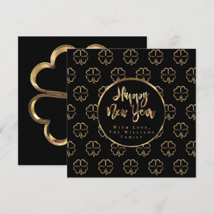 Happy New Year Clover Elegant Black and Gold Chic Holiday Card