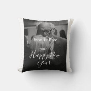 Happy new year couple photo name year black white cushion
