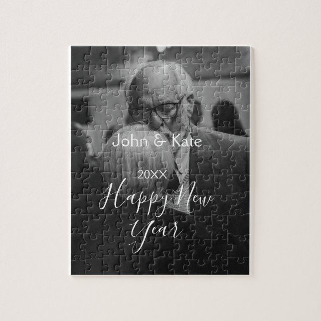 Happy new year couple photo name year black white  jigsaw puzzle (Vertical)
