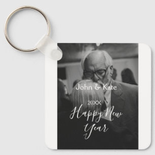 Happy new year couple photo name year black white key ring