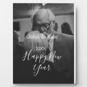 Happy new year couple photo name year black white plaque