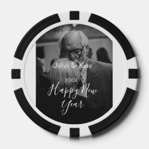 Happy new year couple photo name year black white poker chips
