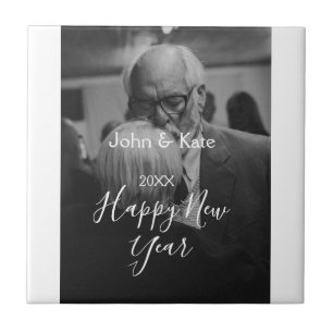 Happy new year couple photo name year black white tile