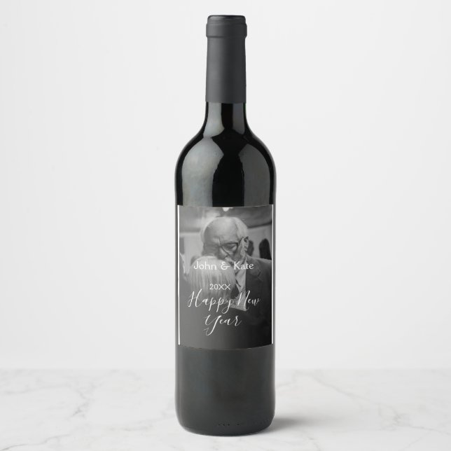 Happy new year couple photo name year black white  wine label (Front)